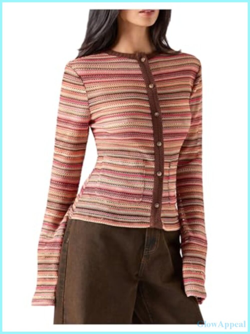 Women's Crochet Striped Cardigan Button Up Long Sleeve Y2K Lightweight Knit